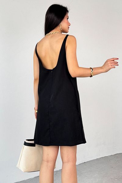 Cappmoda ELB-01779 Μαύρο λινό Μίνι φόρεμα με ανοιχτή πλάτη
