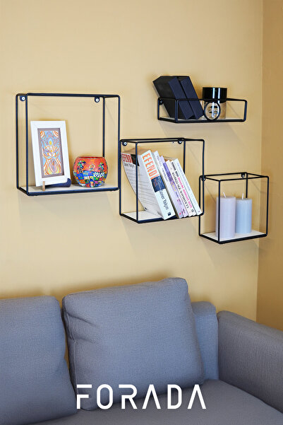 Forada Home & Style Dekoratif Kompakt Laminant Raflı 4'lü Metal Duvar Rafı Seti