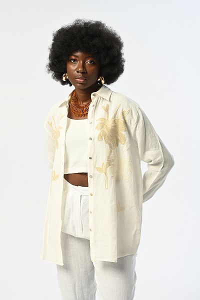 Orfeo Negro Women's Embroidered Ecru Color 100% Linen Oversize Cut Shirt
