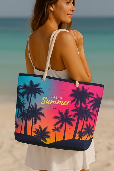 HomyJRs Palm Tree Patterned Large Picnic and Beach Bag – Rope Handle – 55X36X15 cm