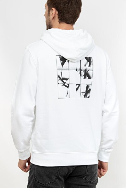 Calvin Klein Jeans Kapüşon Yaka Beyaz Erkek Sweatshırt J30J325639YAF GRID MONOGRAM HOODIE
