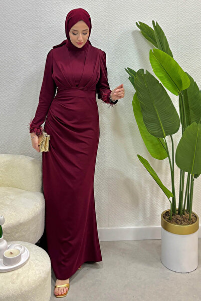 Tesettür Diyarı Rochie de seară din țesătură creponată pentru femei, cu mânec...