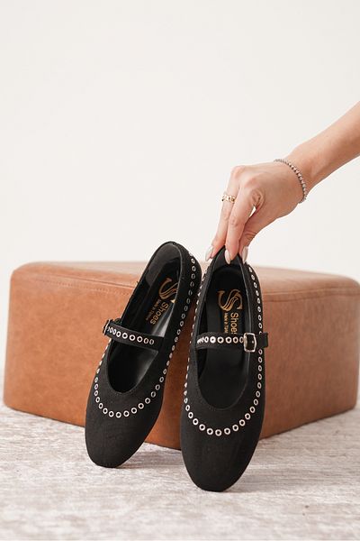 Moda Değirmeni Balerini clasici cu talpă plată pentru femei din piele intoarsa neagra MD1165-111-0001