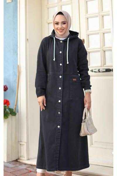 HARMAN BUTİK KADIN UZUN CEPLİ KAPÜŞONLU KOT KAP