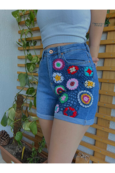 Nunch El örmesi etnik desenli kot şort