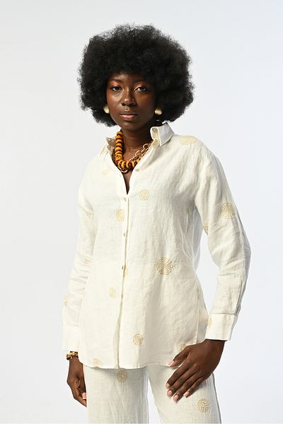 Orfeo Negro Women's Patterned Ecru Color 100% Linen Shirt