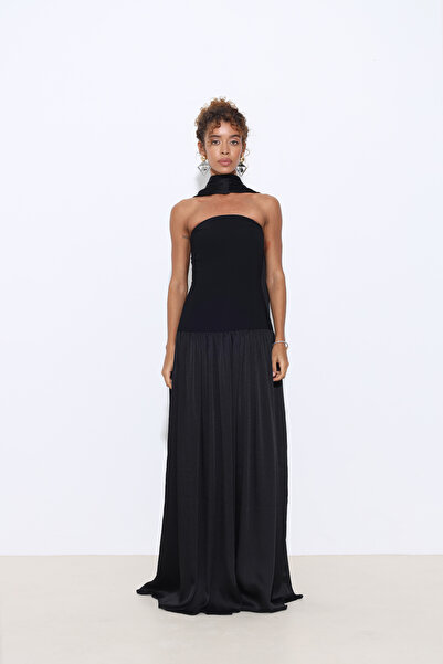 Mozto Juliette Pleated Shawl Strapless Black Evening Dress