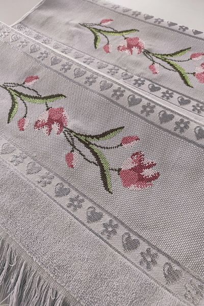Sevim 2-Piece Cross Stitch Rose Embroidered Jacquard Velvet Hand Face Towel - 50X90 Cm-Grey
