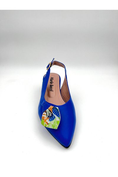 Mariolucci Women's Small Heeled Shoes Bow Detailed Saks Blue (Flower Printed) Genuine Leather