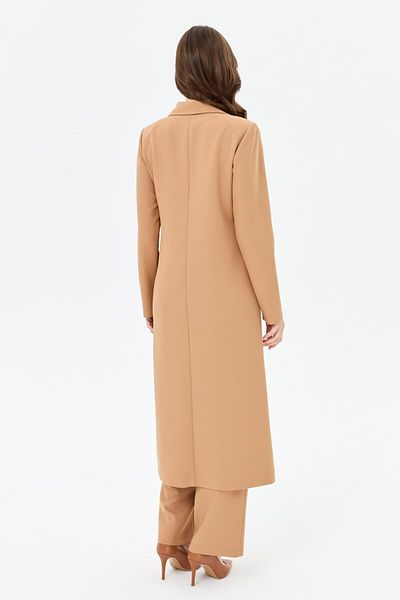 Esswaap Double Breasted Long Jacket Suit with Brooch Camel