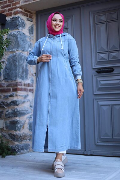 HARMAN BUTİK Women's - Zippered Denim Jeans Jacket with Pockets and Hood