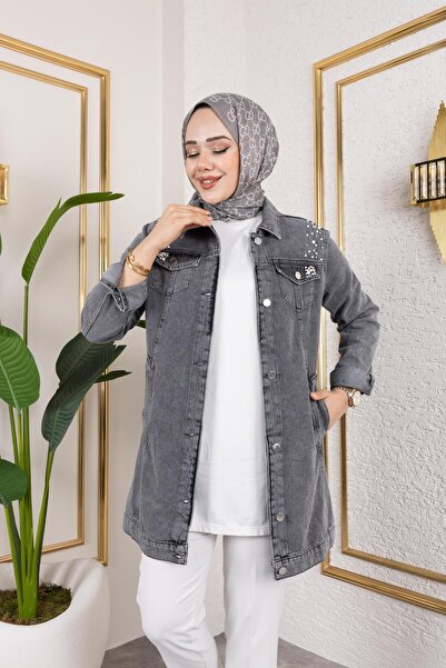 HARMAN BUTİK Kadın Boncuk İşlemeli Denim Kot Ceket