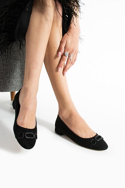 Güllü Shoes Women's Black Suede Vegan Leather Chain Buckle Flat Sole Comfortable Stylish Office Daily Ballerina Shoes