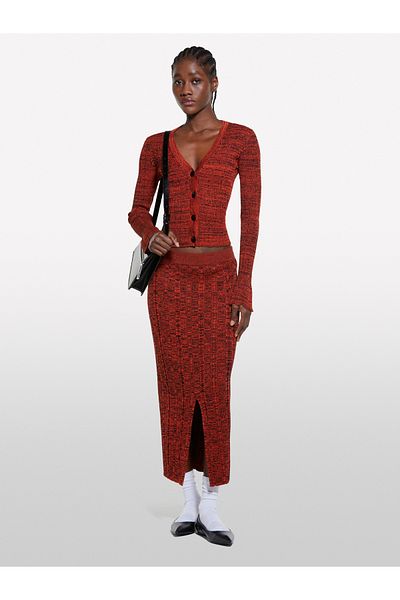 Sisley Women's Red Viscose Blended V-Neck Slim Fit Knitwear Cardigan