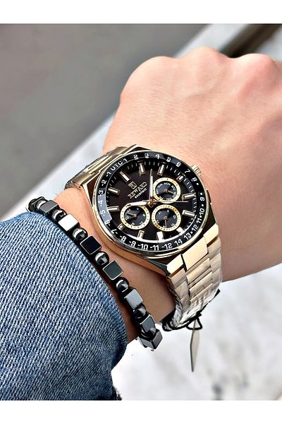 Reward Gold Color Mirrored Glass Function Men's Wrist Watch + Bracelet