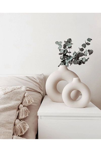 stonnish Bohemian Ring Vase Set - Decorative, Gift, Raw White (Large 19X20Cm/Small 14X15Cm)