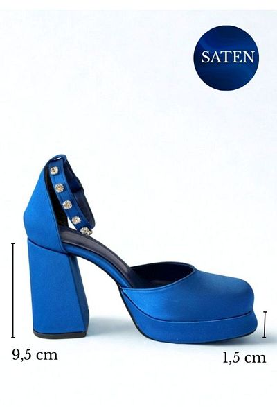 Favi Ayakkabı Saks Blue Satin Ankle Stone Detailed Closed Toe Platform Heeled Evening Dress Shoes
