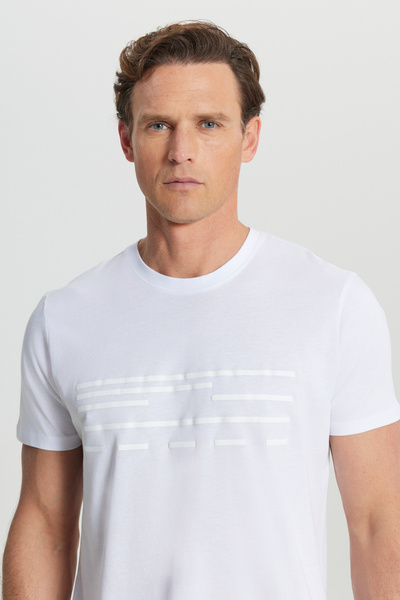 ALTINYILDIZ CLASSICS Ανδρικό λευκό βαμβακερό μπλουζάκι με λεπτή εφαρμογή με λεπτή εφαρμογή με λαιμόκοψη με στάμπα