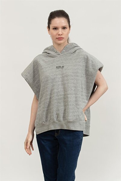Replay Kadın gri kolsuz kapüşonlu sweatshirt
