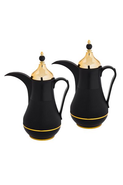 Alaska Alaska Dallah Thermos Set, 2 Pieces, Black with Gold, 1 Liter Capacity