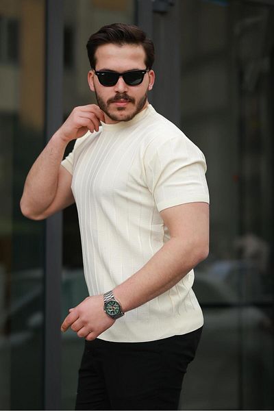 Miron Πλεκτό κοντομάνικο μπλουζάκι Ecru Crew με ανάγλυφο λαιμόκοψη- 2430