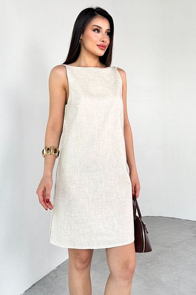Cappmoda ELB-01779 Μίνι φόρεμα από λινό χρώμα πέτρας με ανοιχτή πλάτη