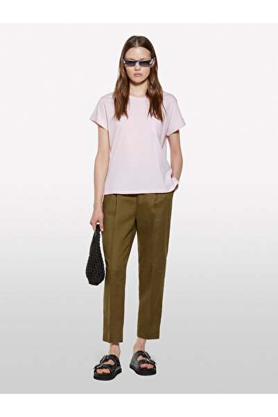 Sisley Women's Light Pink 100% Cotton Wide Crew Neck Slim Fit Plain T-Shirt