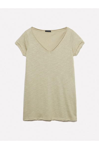 Sisley Γυναικείο μπλουζάκι από βαμβακερό χρώμα άμμου, κανονική εφαρμογή, με λαιμόκοψη σε σχήμα V