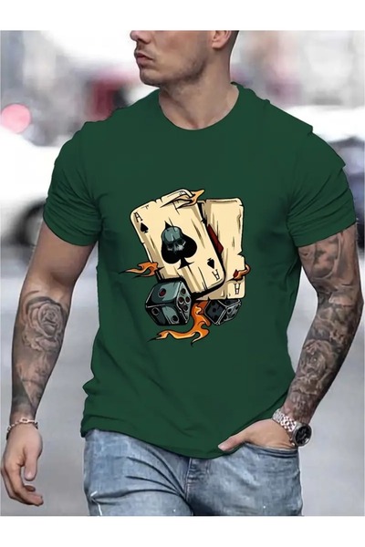 LOTS MODA Ανδρικό κοντομάνικο μπλουζάκι με γραφικά σχέδια - Ζωηρό πράσινο καλ...