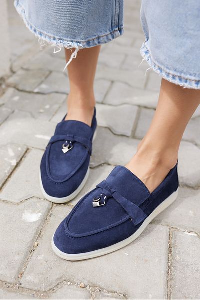ANGELİNA JONES Casado Women's Navy Blue Real Suet Loafer Shoes