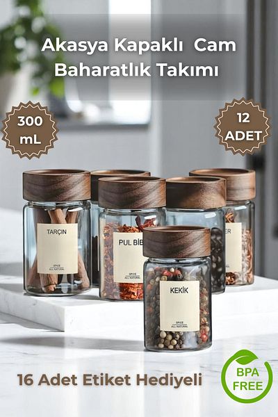 Sevinse Home Set of 12 Acacia Lid Glass Spice Shakers / 32 Tags Gift / 300ml
