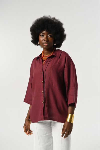 Orfeo Negro Women's 100% Linen Three Quarter Sleeve Solid Color Single Pocket Shirt