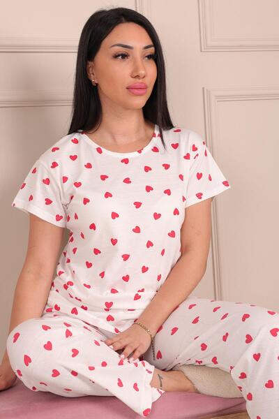 Niket Life Women's Heart Patterned Short Sleeve Underarm Long Combed Cotton Pajama Set White