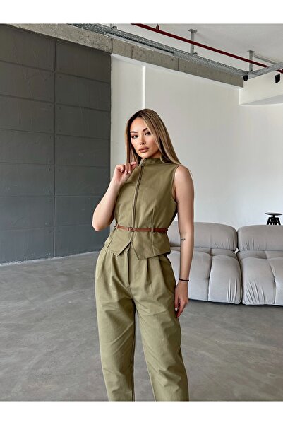 Femistik Women's Zippered Belted Vest Pants Set