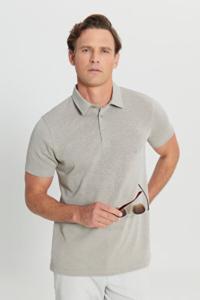 ALTINYILDIZ CLASSICS Men's Gray Cotton Slim Fit Slim Fit Polo Neck T-Shirt