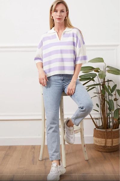 Butik Shirt Collar Striped Knitwear T-Shirt