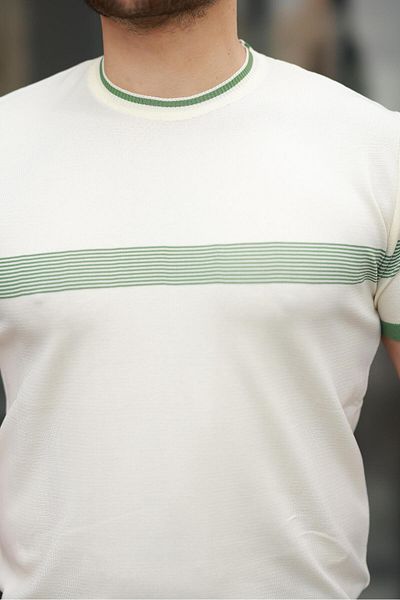 Miron Ecru Crew Neck Striped Knitwear T-Shirt - 2418