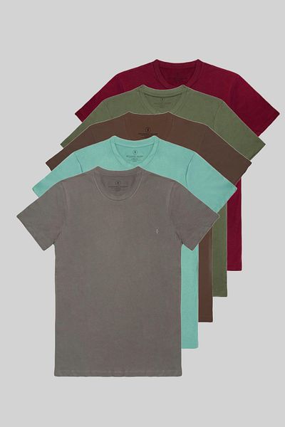 COMBİNE MİCHAİL Men's 5-Piece 100% Cotton Summer T-Shirt Set Colors: Burgundy-Khaki-Brown-Cagla-Fume