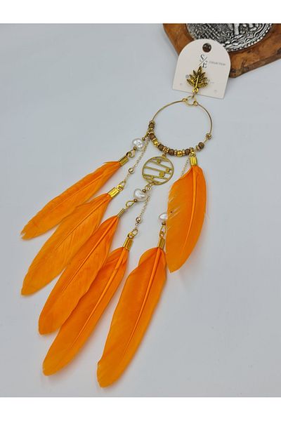 SE Jewellery Collection Selin Ersoy Authentic Bohemian Orange Color Bird Feather Dangle Single Earring