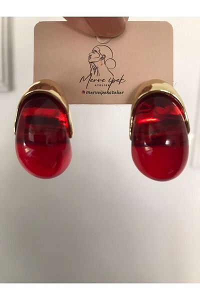 shop Red Gold Natural Stone Detail Shiny Large Drop Earrings