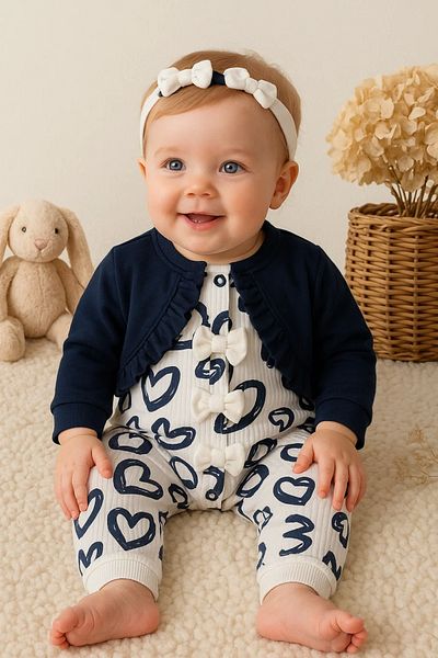 Babydonat Heart Patterned Baby Girl Jumpsuit with Bolero - 100% Cotton