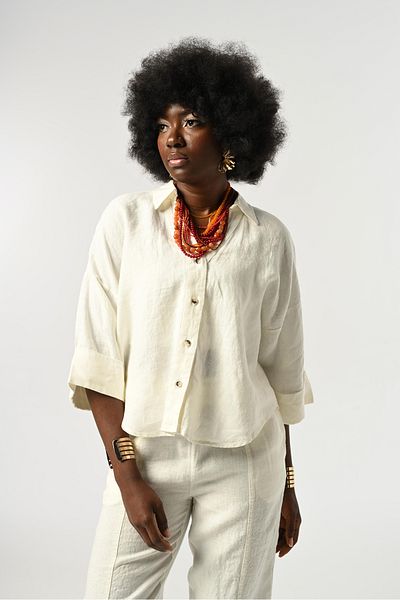 Orfeo Negro Women's Ecru Color 100% Linen Three Quarter Sleeve Shirt