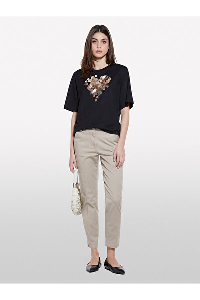 Sisley Women's Black Mix 100% Cotton Printed Crew Neck Regular Fit T-Shirt