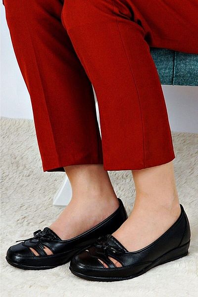 Ayakkabı Bahçesi Black Summer Orthopedic Leather Sole Ballerina Mother's Shoes Special for Heel Spurs