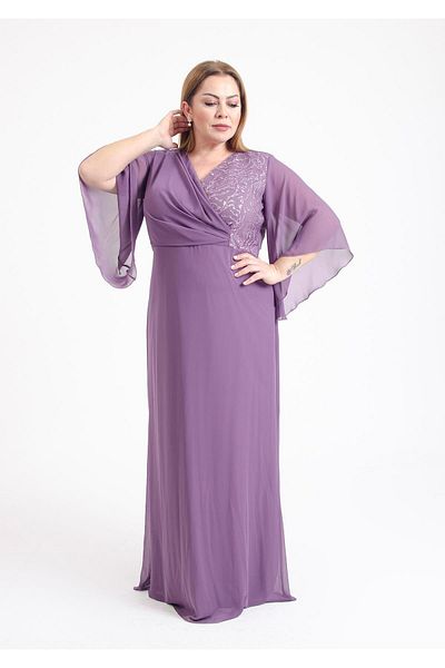 LİLAS XXL Plus Size Lavender Color Double Breasted Collar Chiffon Long Evening Dress