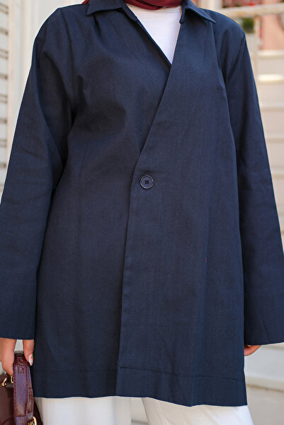 LOCCO Women's Double Breasted Collar Linen Jacket Navy Blue