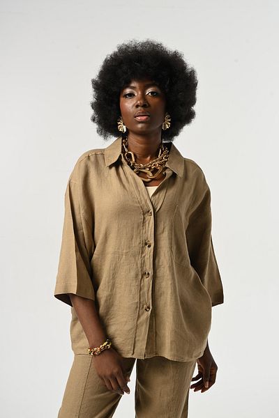 Orfeo Negro Women's 100% Linen Three Quarter Sleeve Solid Color Single Pocket Shirt