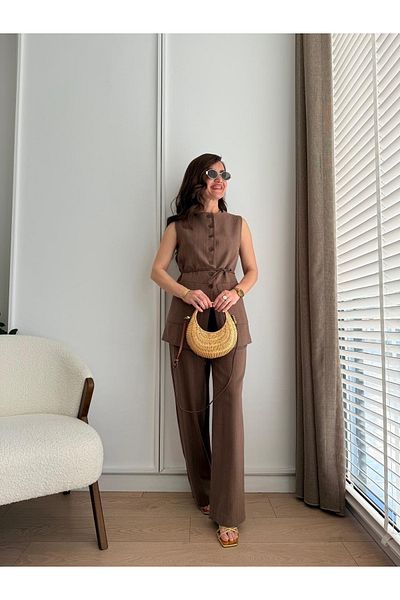 My Blog Brown Double Pocket 100% Cotton Vest Trousers Set - 8602
