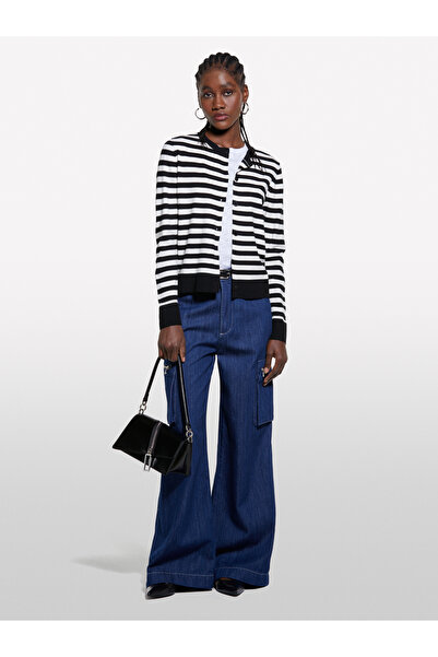 Sisley Women's Off-White Viscose Blended Striped Crew Neck Slim Fit Cardigan