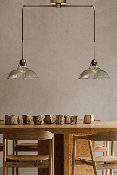 Bamyum İkili Vishi Cam Bal Rengi Metal Çubuk Avize İnce Eskitme Başlık Retro Sarkıt Lamba Salon Aydınlatma